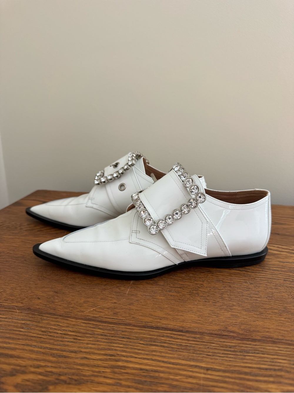 Maison Margiela Patent Leather Pointed Flats w/ Oversized Crystal Buckle